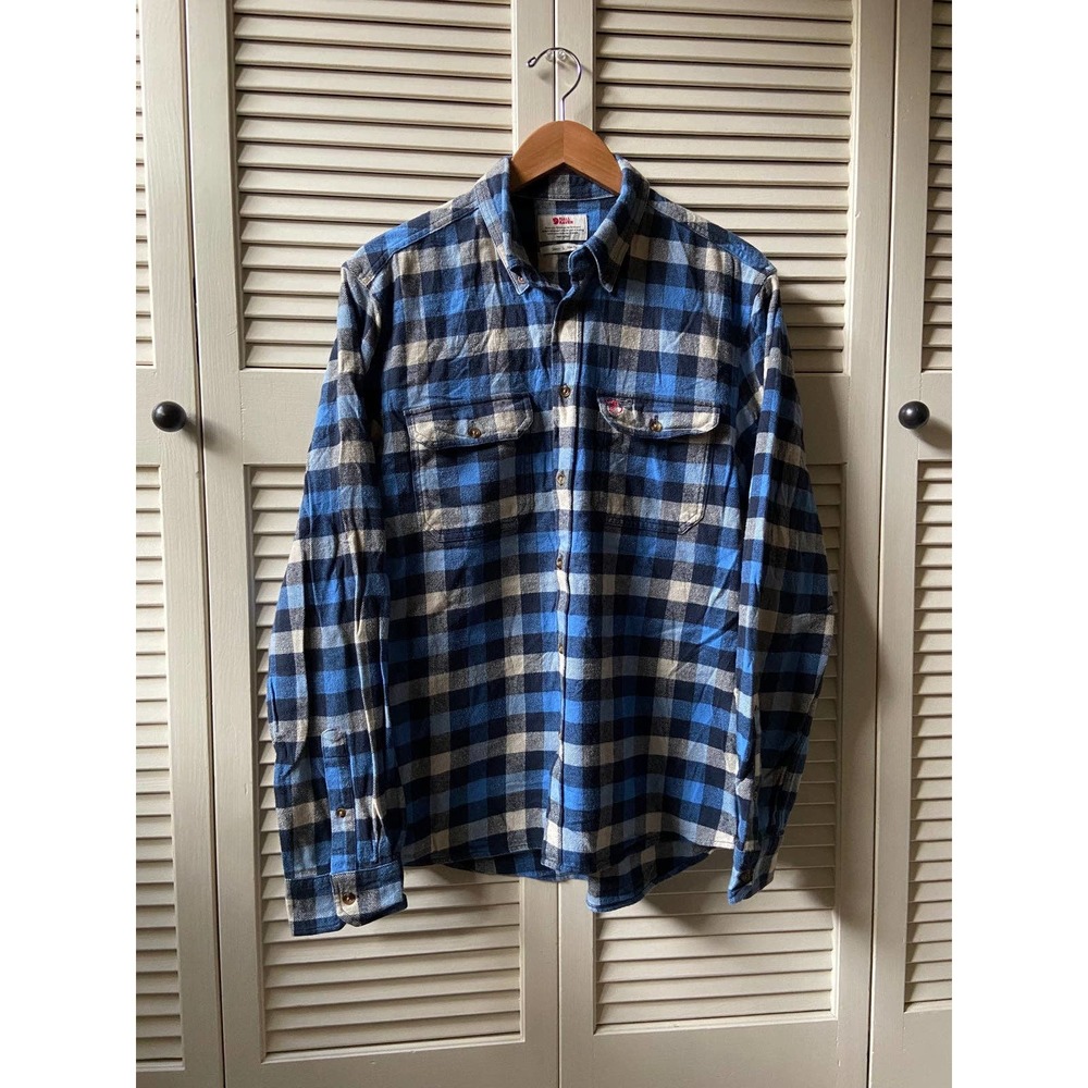 Fjall Raven Slim Fit Blue Plaid Flannel Button Up LS Shirt Cotton Men’s Size L